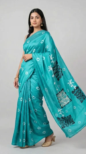 Elegant Teal Blue Tussar Kantha Saree