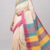 Off-White Pure Tussar Silk Saree with Bold Duo-Toned Stripes | 2025
