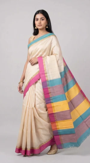 Off-White Pure Tussar Silk Saree with Bold Duo-Toned Stripes | 2025