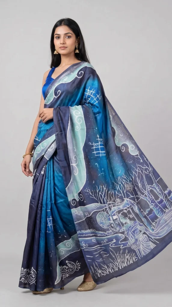 Midnight Blue Pure Tussar Kantha Saree