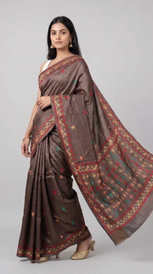 Dark Brown Tussar Gujrati Saree | 2026 Exclusive