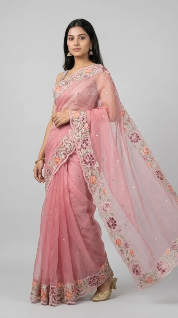 Mabel Pink Chikankari Organza Saree
