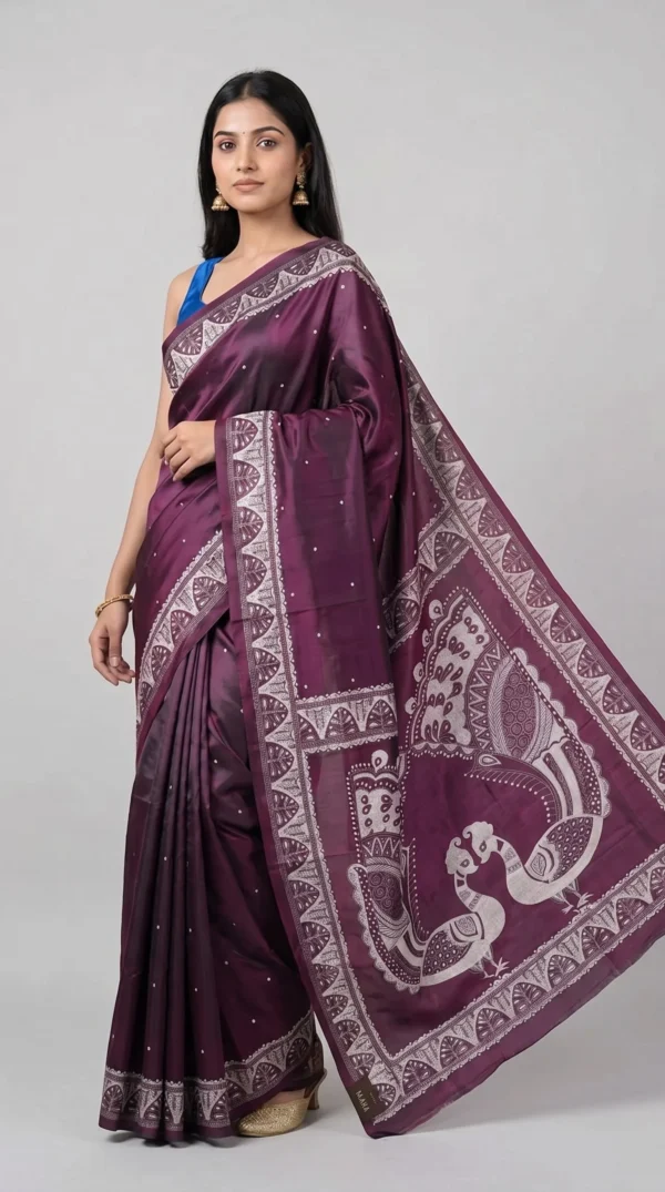 Maroon Pure Tussar Kantha Saree