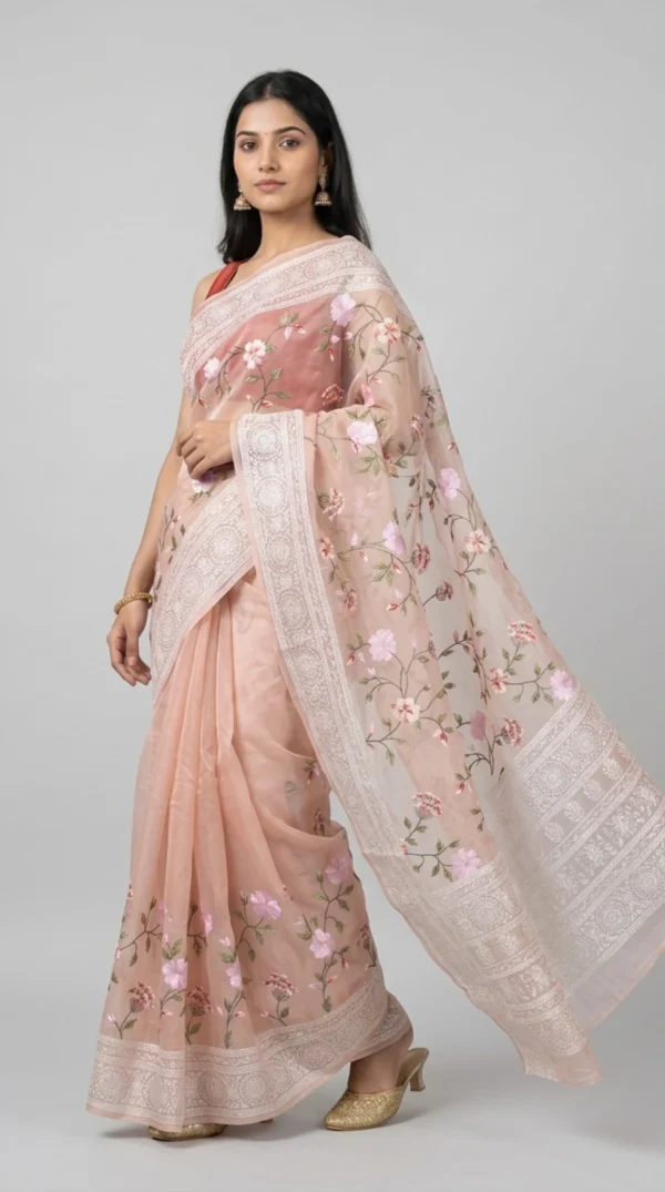 Cherry Blossom Chikankari Organza Saree
