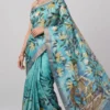 Vibrant Teal Pure Handpainted Tussar Saree