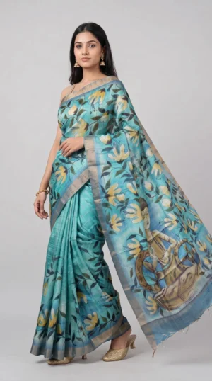 Vibrant Teal Pure Handpainted Tussar Saree