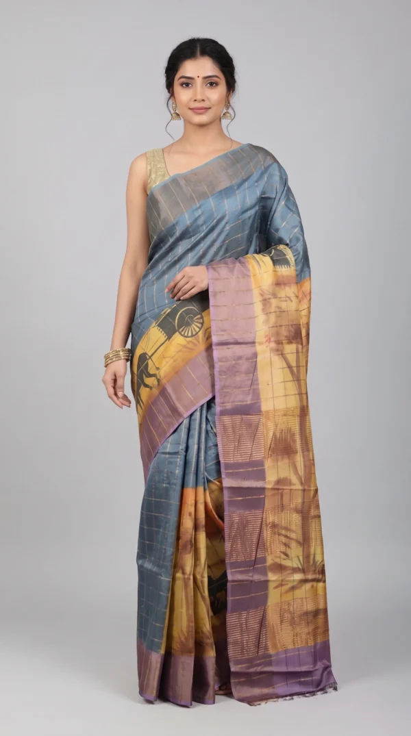Steel Blue Pure Handpainted Tussar Saree
