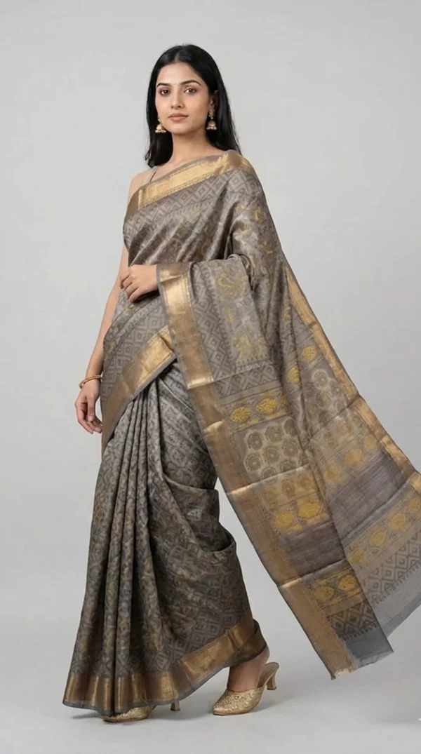 Smoke Grey Pure Tussar Bagru Print Saree