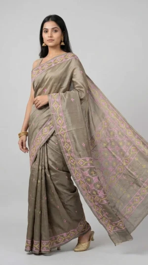 Soft Brown Tussar Gujrati Saree | 2026 Exclusive