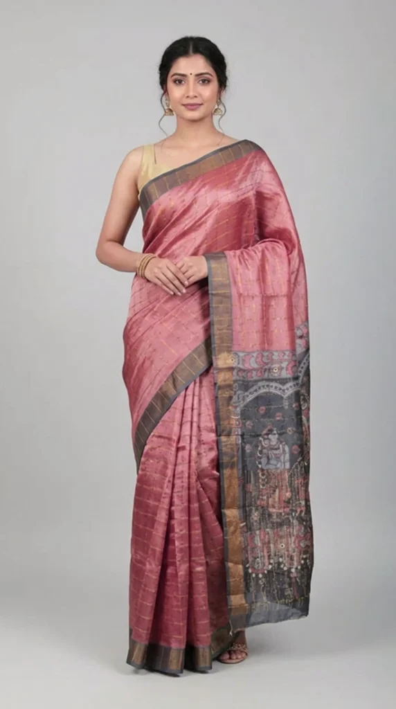 Soft Coral Handpainted Tussar Saree | 2026 Exclusive