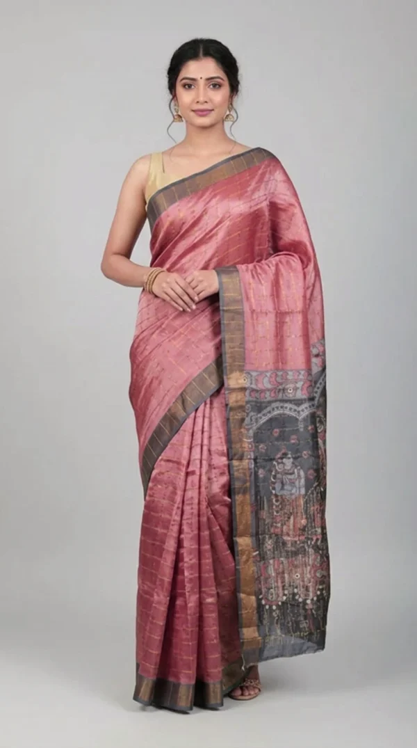 Soft Coral Handpainted Tussar Saree | 2026 Exclusive