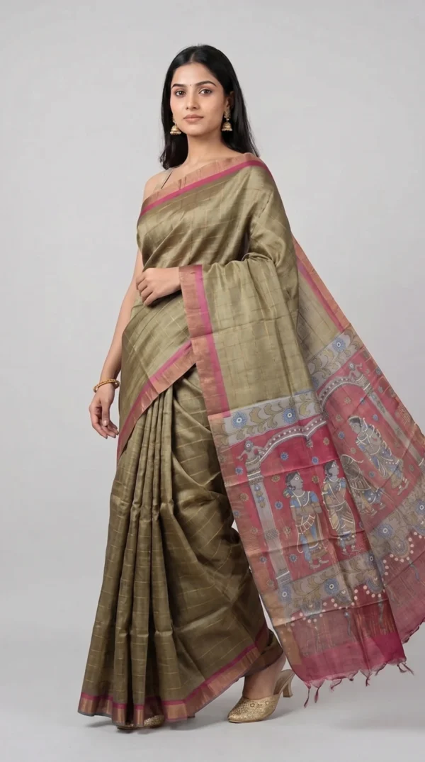 Soft Olive Handpainted Tussar Saree | 2026 Exclusive