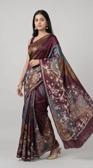 Radiant Brown Pure Tussar Silk Saree with Abstract Kantha Motifs | 2025