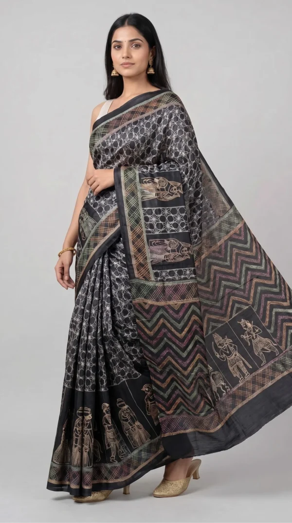 Deep Black Tussar Silk Saree with Sashiko inspired Kantha Work | 2025