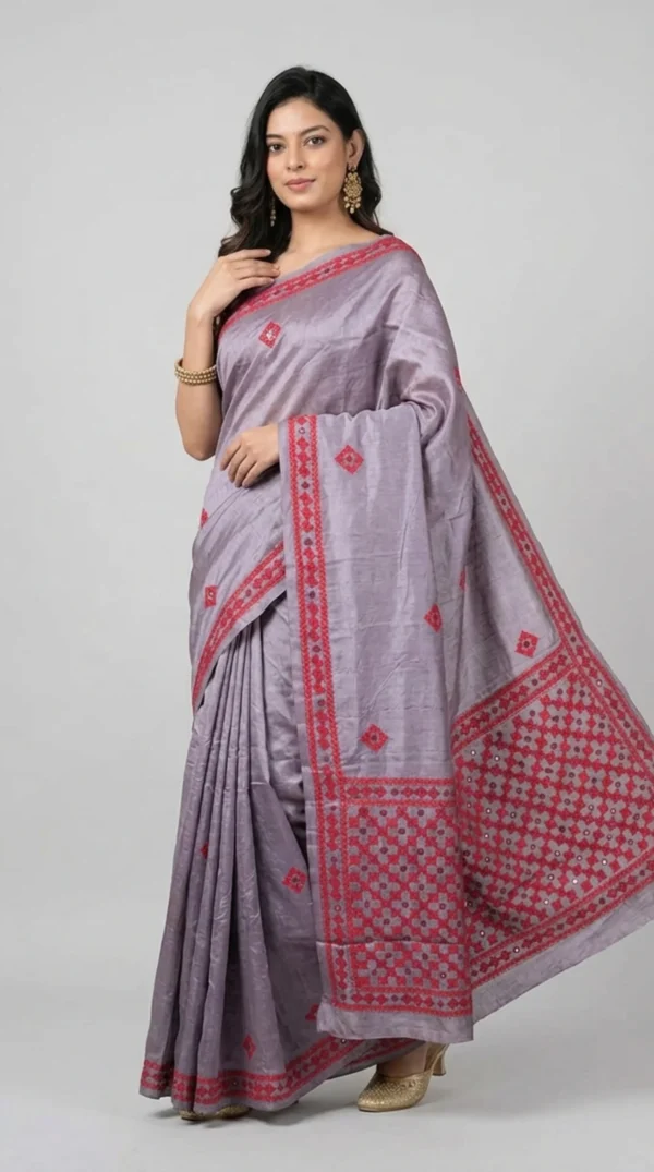 Deep Lilac Pure Tussar Silk Saree with Bold Red Gujrati Mirror Work | 2025