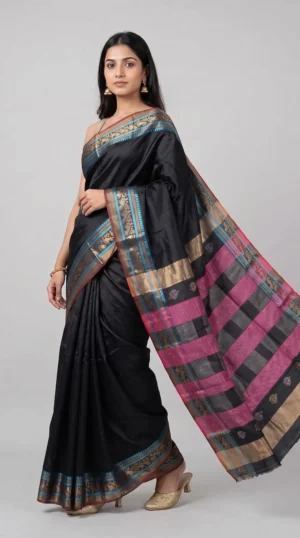 Elegant Black Katan Silk Saree with Deep Pink and Zari Woven Pallu | 2025