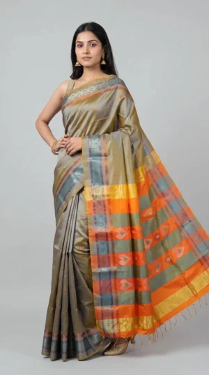Pastel Green Katan Silk Saree with Vibrant Orange and Zari Woven Pallu | 2025