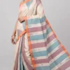 Off-White Pure Handwoven Tussar Silk Saree with Buti, Ikat Accents and Bright Orange Border | 2025