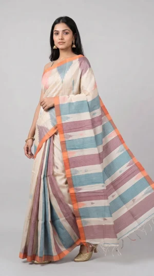 Off-White Pure Handwoven Tussar Silk Saree with Buti, Ikat Accents and Bright Orange Border | 2025