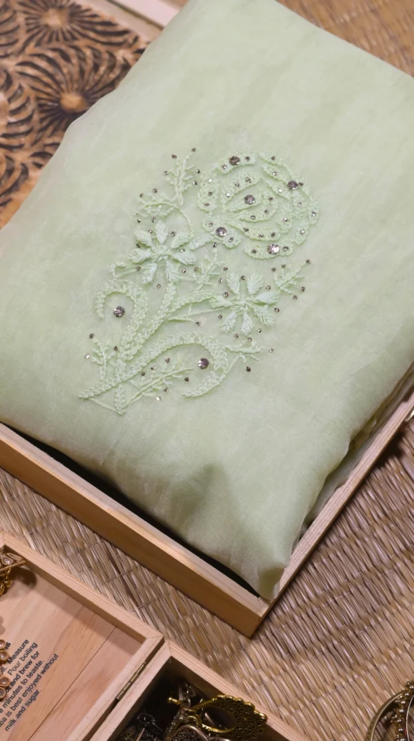 Green Mukaish Organza Saree with Hand Embroidery | Elegant Festive 2026