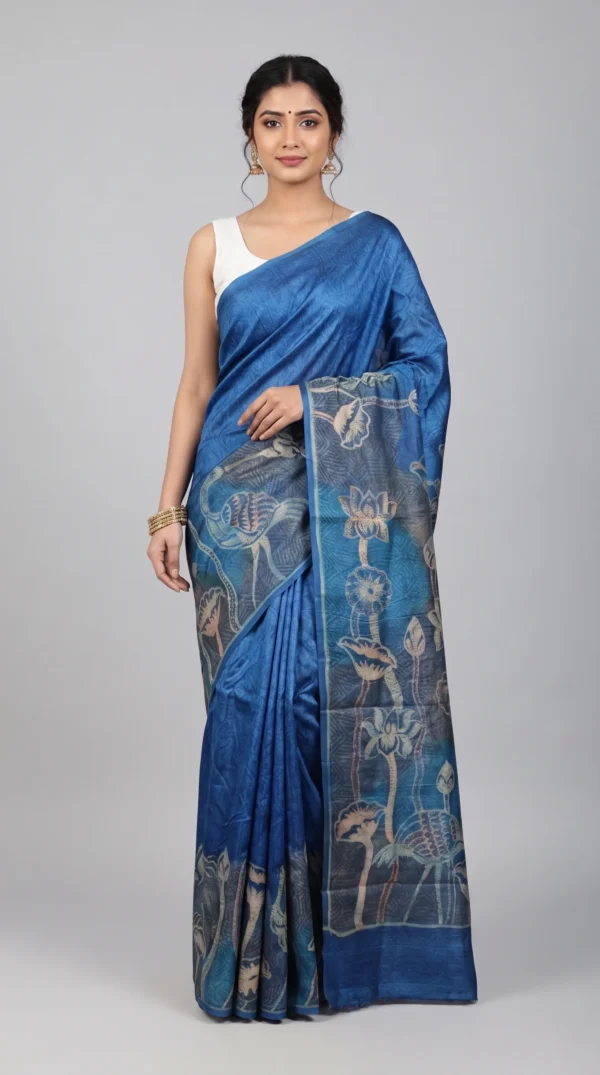 Ocean Blue Pure Tussar Silk Saree with Abstract Kantha Motifs | 2025 Nams Design Exclusive