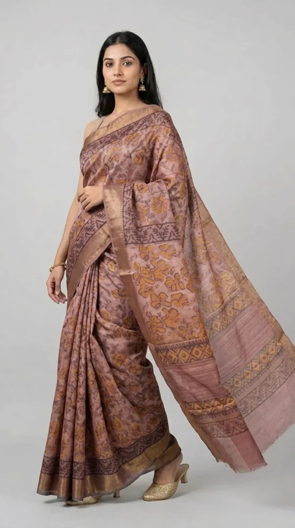 Dusty Rose Pure Tussar Bagru Print Saree | 2026 Exclusive