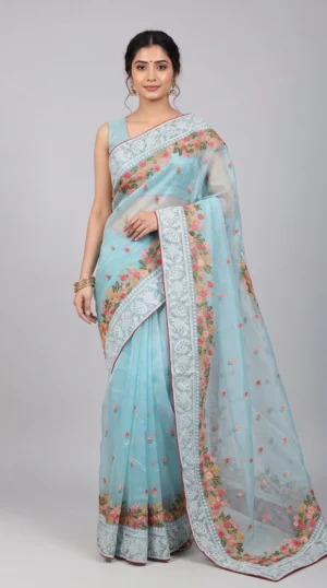 Saumyaa Blue Chikankari Organza Saree
