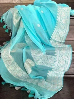 Sky Blue on silver Zari work Border Khadi Chiffon saree