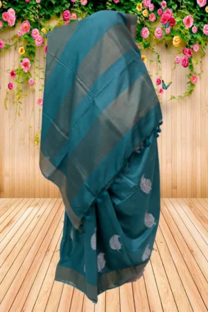 Crystal Teal Green on Leaf motif design Tussar Kattan Saree