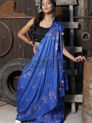 Royal Blue on Floral work linen Tussar saree