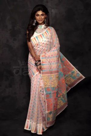 White on Multicolor Jalbondi Silk Dhakai jamdani Handloom Tribal Motif Saree