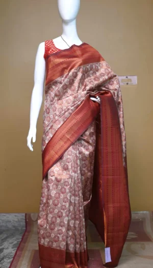 Copper color with Maroon border kanjivaram work on Satin Silk Saree