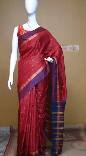 Maroon color with blue border kanjivaram work on Satin Silk Saree