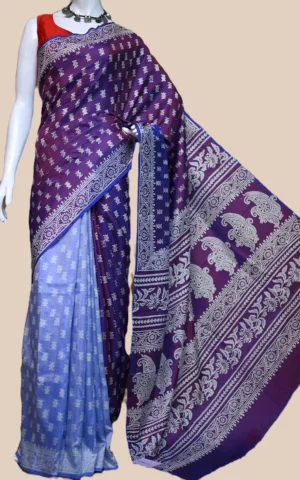 Blue on White Hand Block Printed Bishnupuri Kattan Silk saree