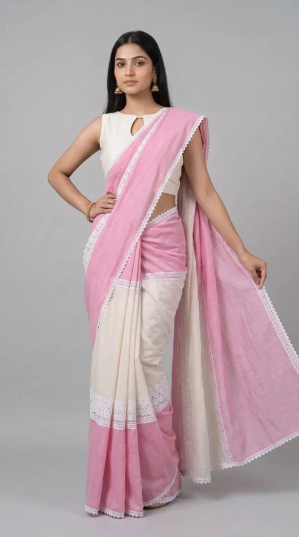 Baby Pink and White Pure Cotton Saree