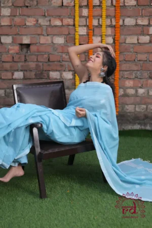 Sky Blue Resham Border Pure Linen Khadi Saree