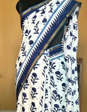 WHITE INDIGO HAND BLOCK PRINTED BAGRU COTTON SAREE