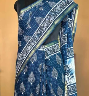 Navy Blue Indigo Hand Block Printed Zari Border Bagru Cotton Saree