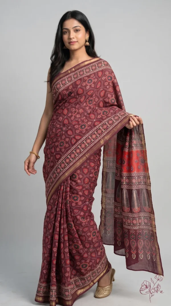 Suhaani Pure Cotton Ajrakh Saree with Zari Border
