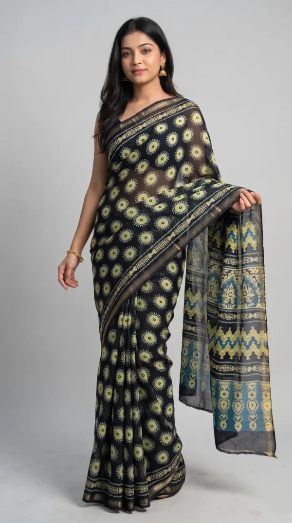 Black Pure Cotton Ajrakh Saree