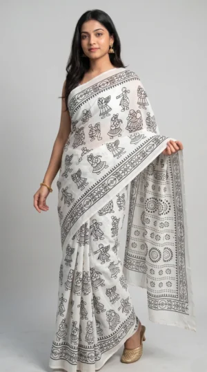 Suhaani White Pure Cotton Bagru Saree