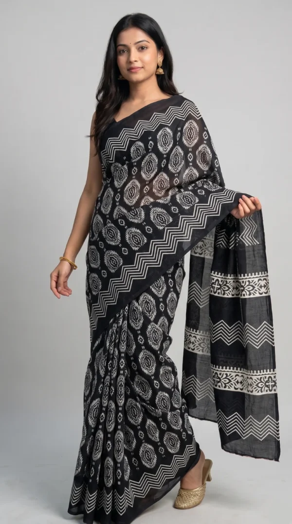 Devika Black Pure Cotton Bagru Saree