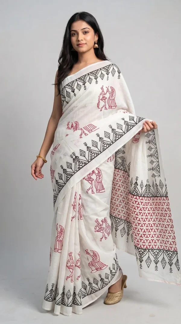 Navya White Pure Cotton Bagru Saree
