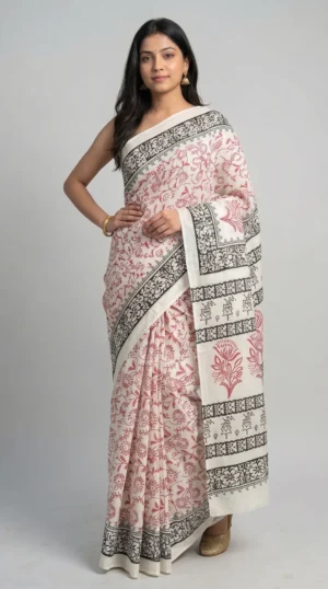 Disha White Pure Cotton Bagru Saree
