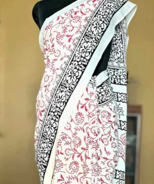 WHITE HAND BLOCK PRINTED BAGRU COTTON SAREE