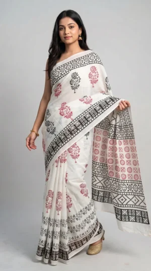 Vedika White Pure Cotton Bagru Saree