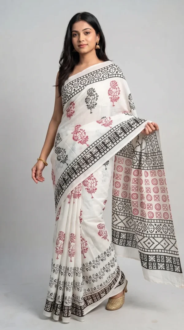 Vedika White Pure Cotton Bagru Saree
