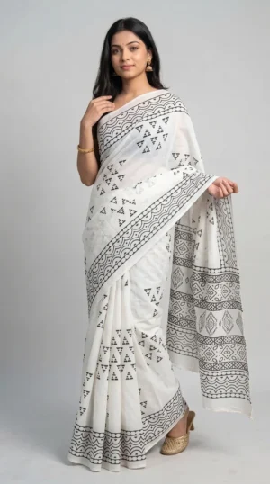 Reshma White Pure Cotton Bagru Saree