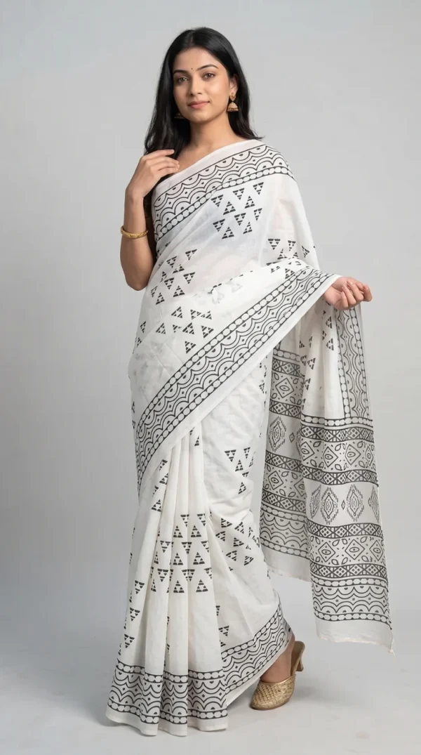 Reshma White Pure Cotton Bagru Saree