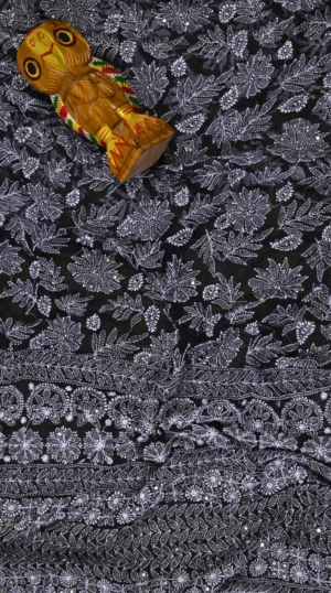 Black Mukaish Chikankari Saree with Gota